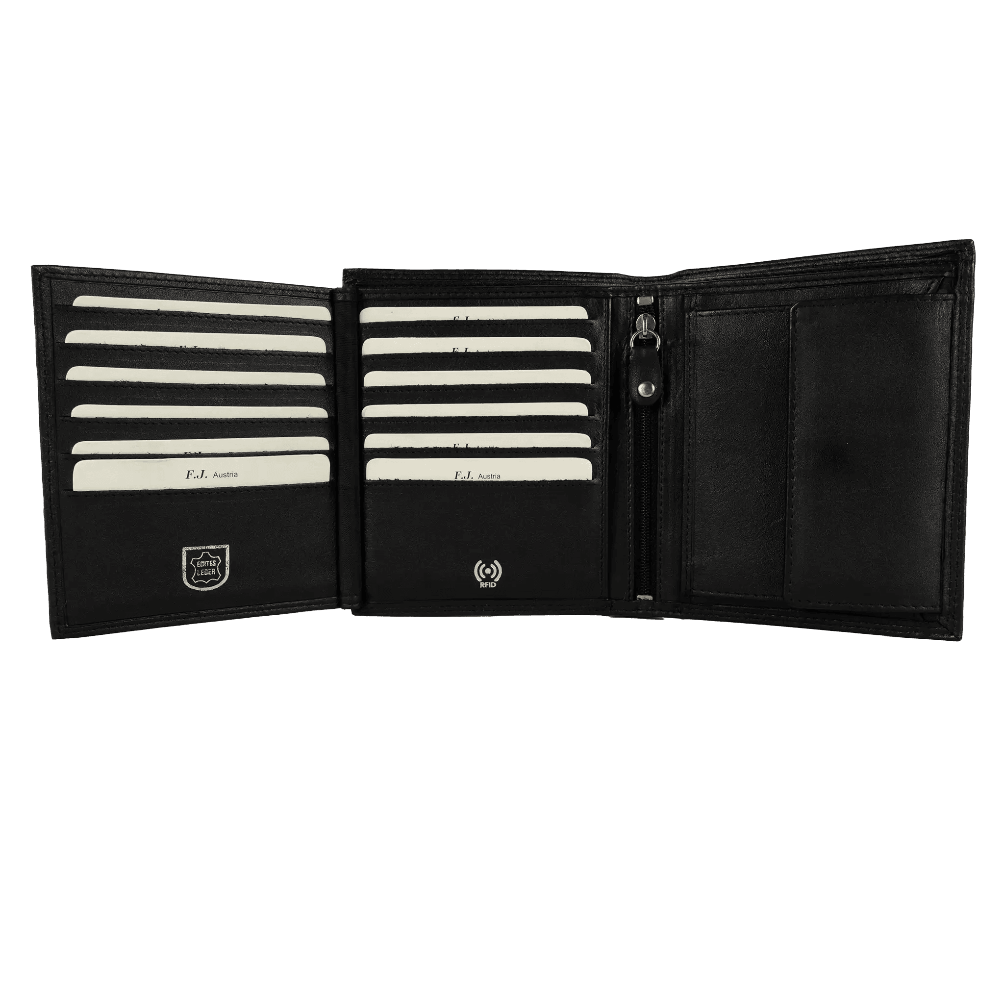 Schwarze Leder-Geldbörse halb geöffnet, zeigt das Layout der Innenfächer.