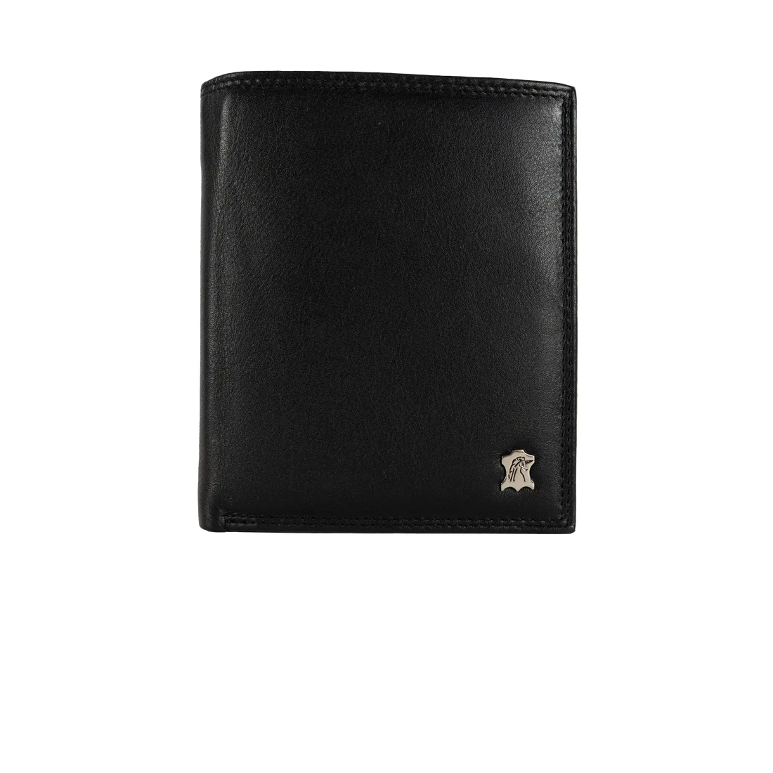 Schwarze Leder-Geldbörse mit sichtbarem Markenlogo auf der Vorderseite