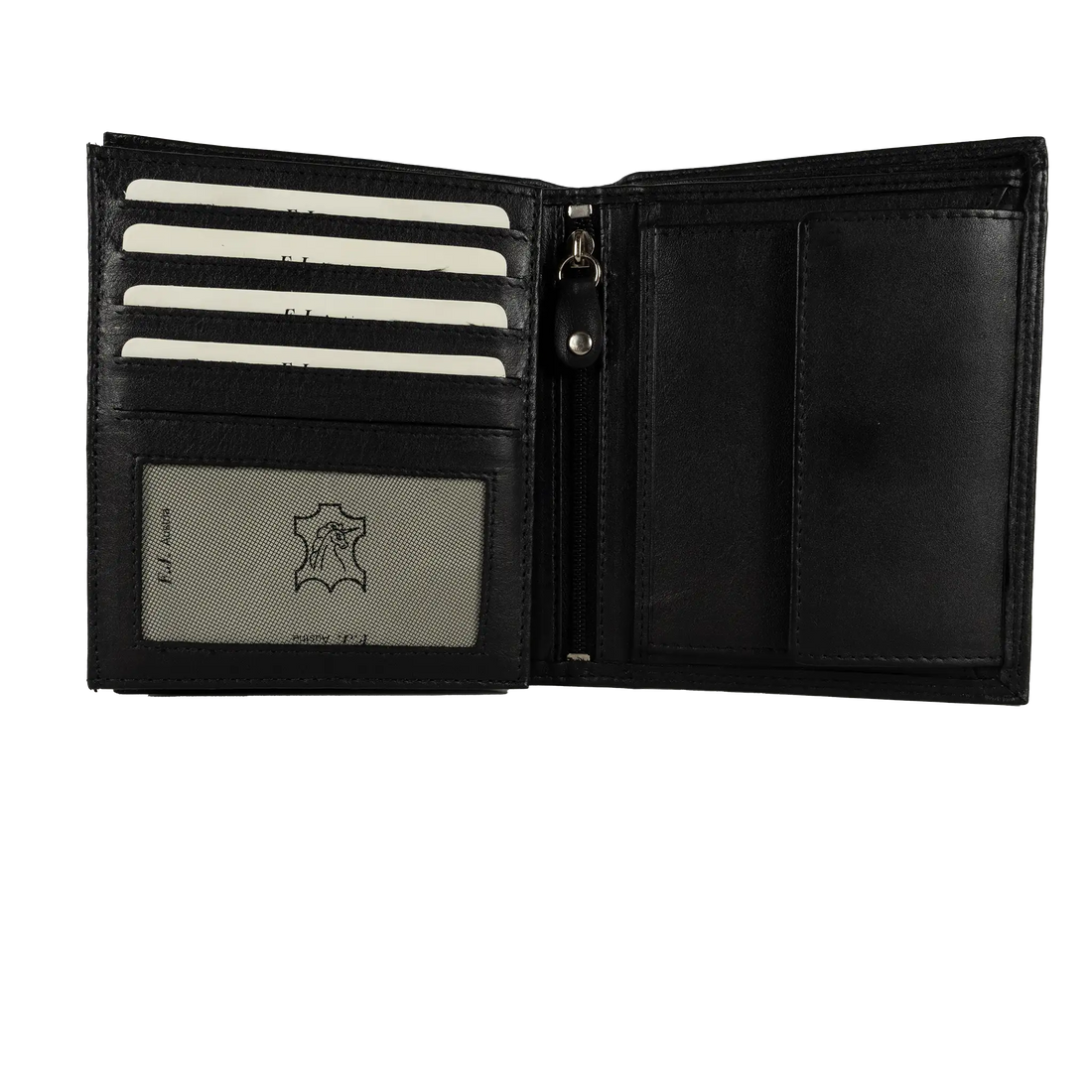 Schwarze Leder-Geldbörse mit sichtbarem Markenlogo auf der Vorderseite