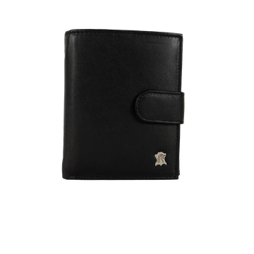 Schwarze Leder-Geldbörse mit sichtbarem Markenlogo auf der Vorderseite