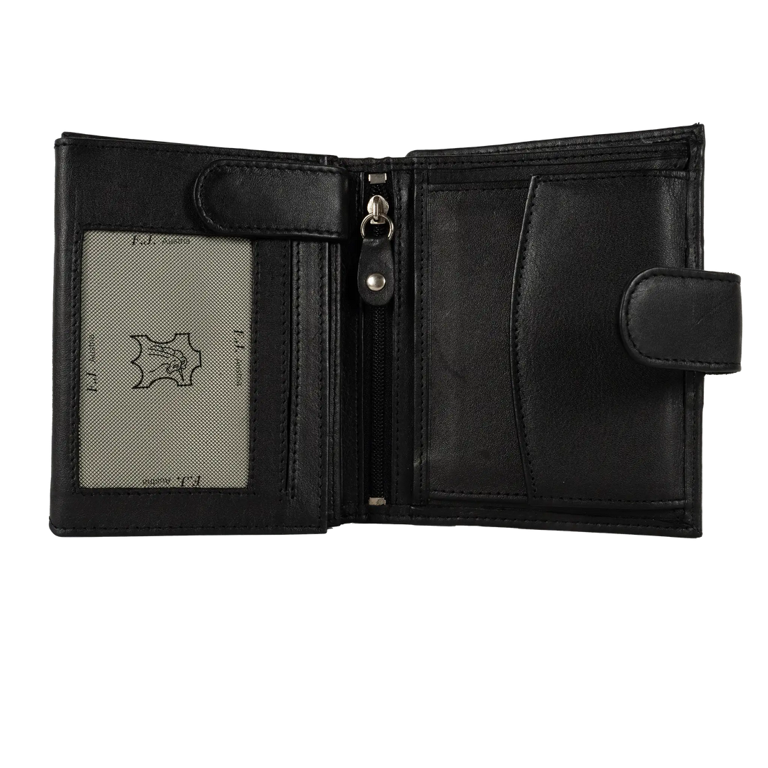 Schwarze Leder-Geldbörse mit sichtbarem Markenlogo auf der Vorderseite