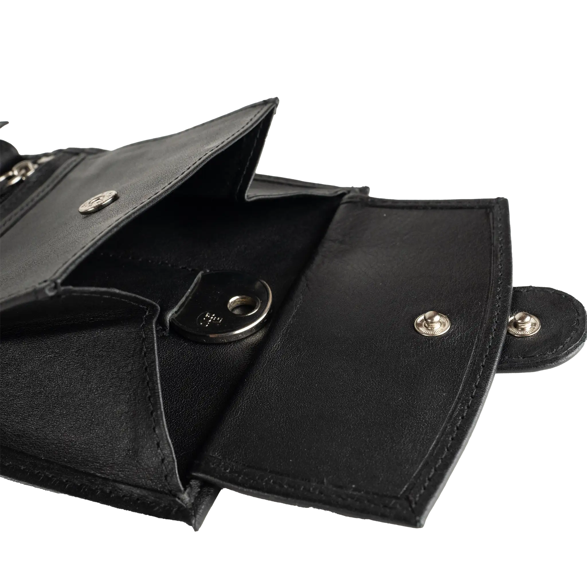 Schwarze Leder-Geldbörse, zeigt geöffnet seind Münzfach