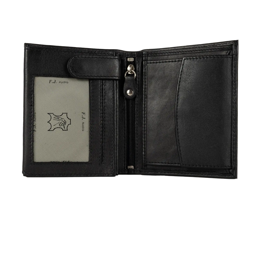 Schwarze Leder-Geldbörse mit sichtbarem Markenlogo auf der Vorderseite.