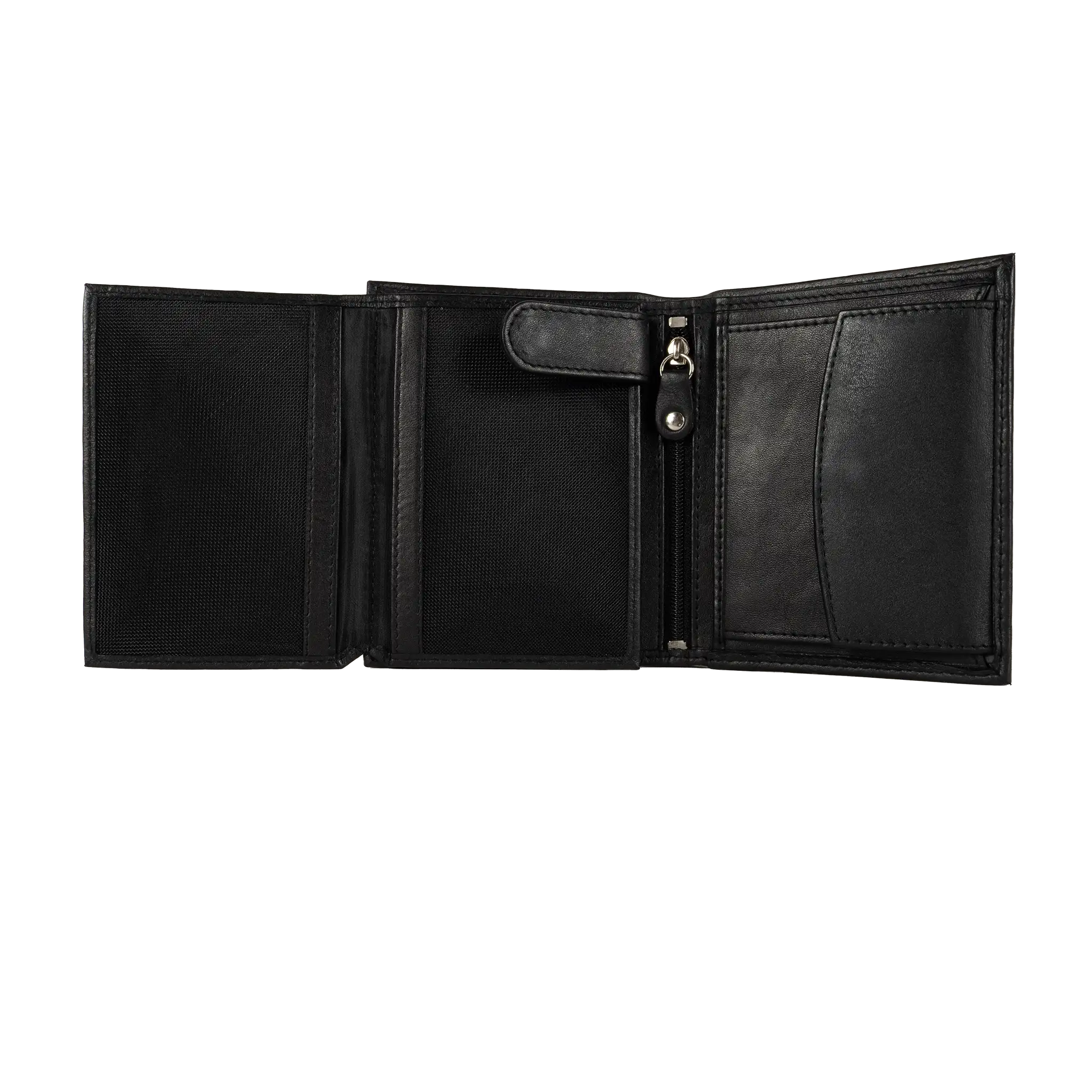 Schwarze Leder-Geldbörse halb geöffnet, zeigt das Layout der Innenfächer.