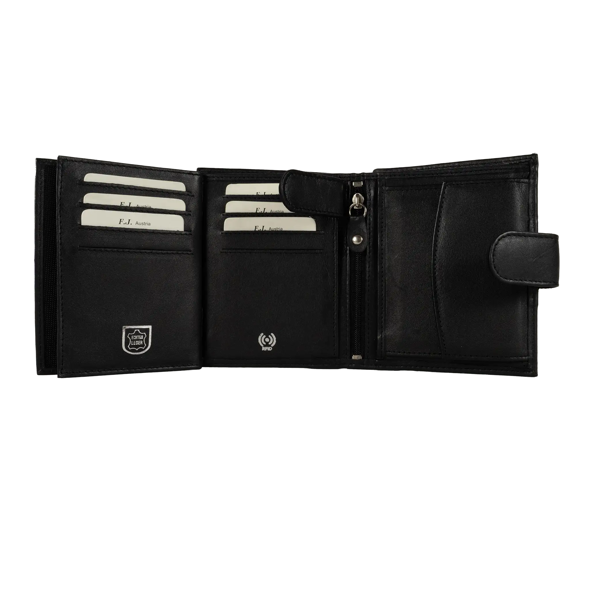 Schwarze Leder-Geldbörse halb geöffnet, zeigt das Layout der Innenfächer