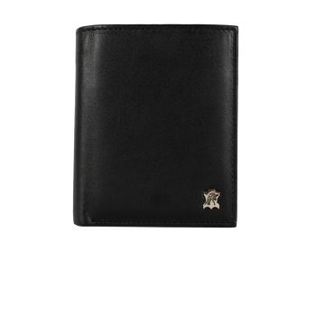 Schwarze Leder-Geldbörse mit sichtbarem Markenlogo auf der Vorderseite.