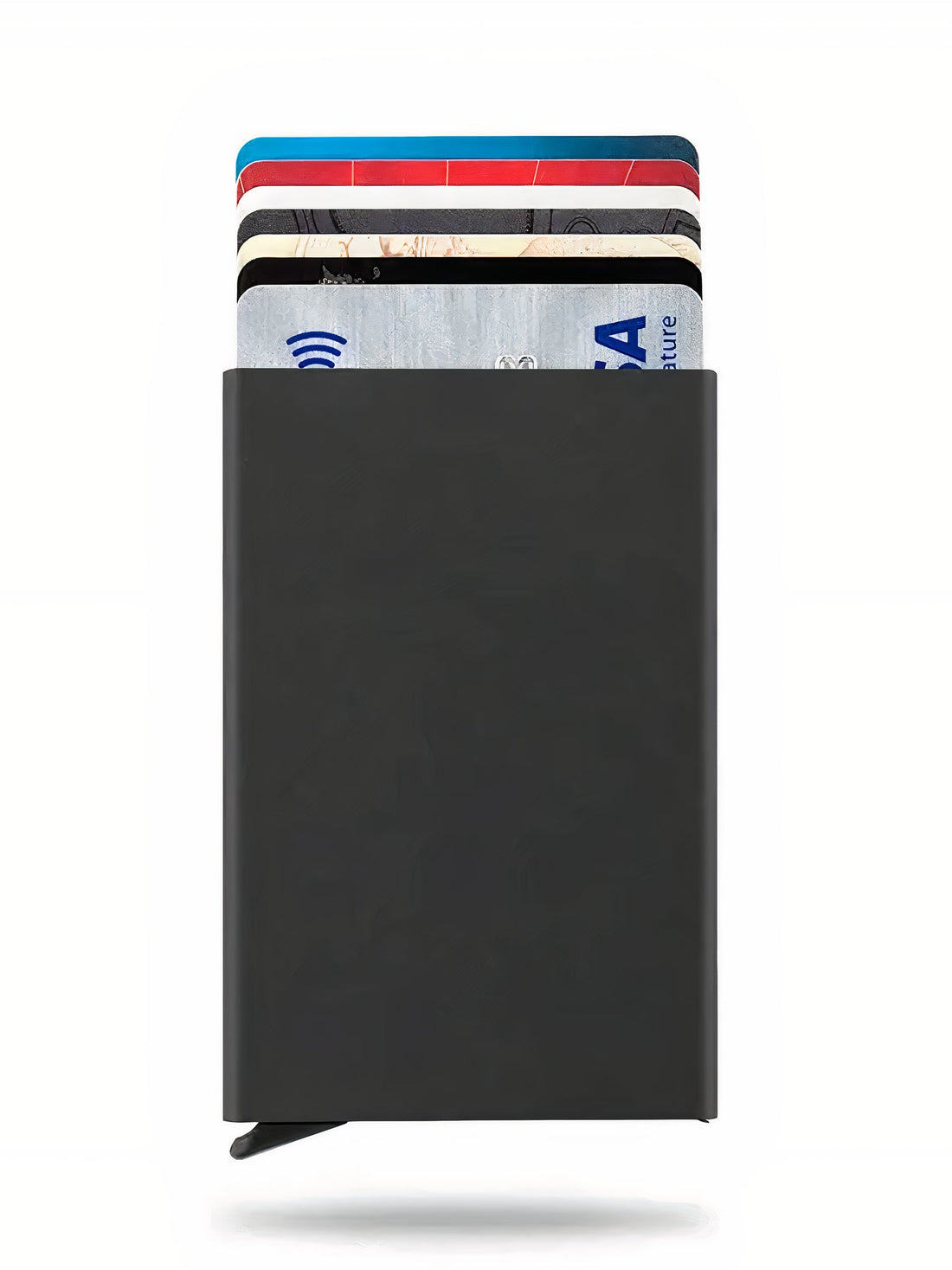 Filimon Cardprotector Kartenetui aus Aluminium in Schwarz mit aufgefächerten Karten