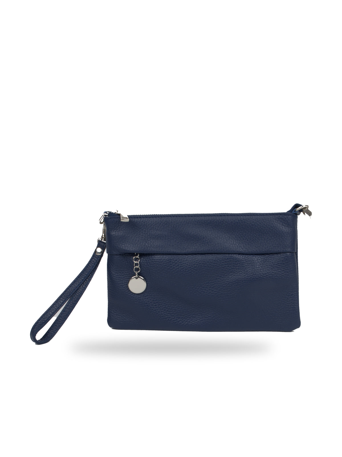 Vienna Mini Henkeltasche in Navy von vorne, mit Handgelenkschlaufe und rundem Metallanhänger am Reißverschluss