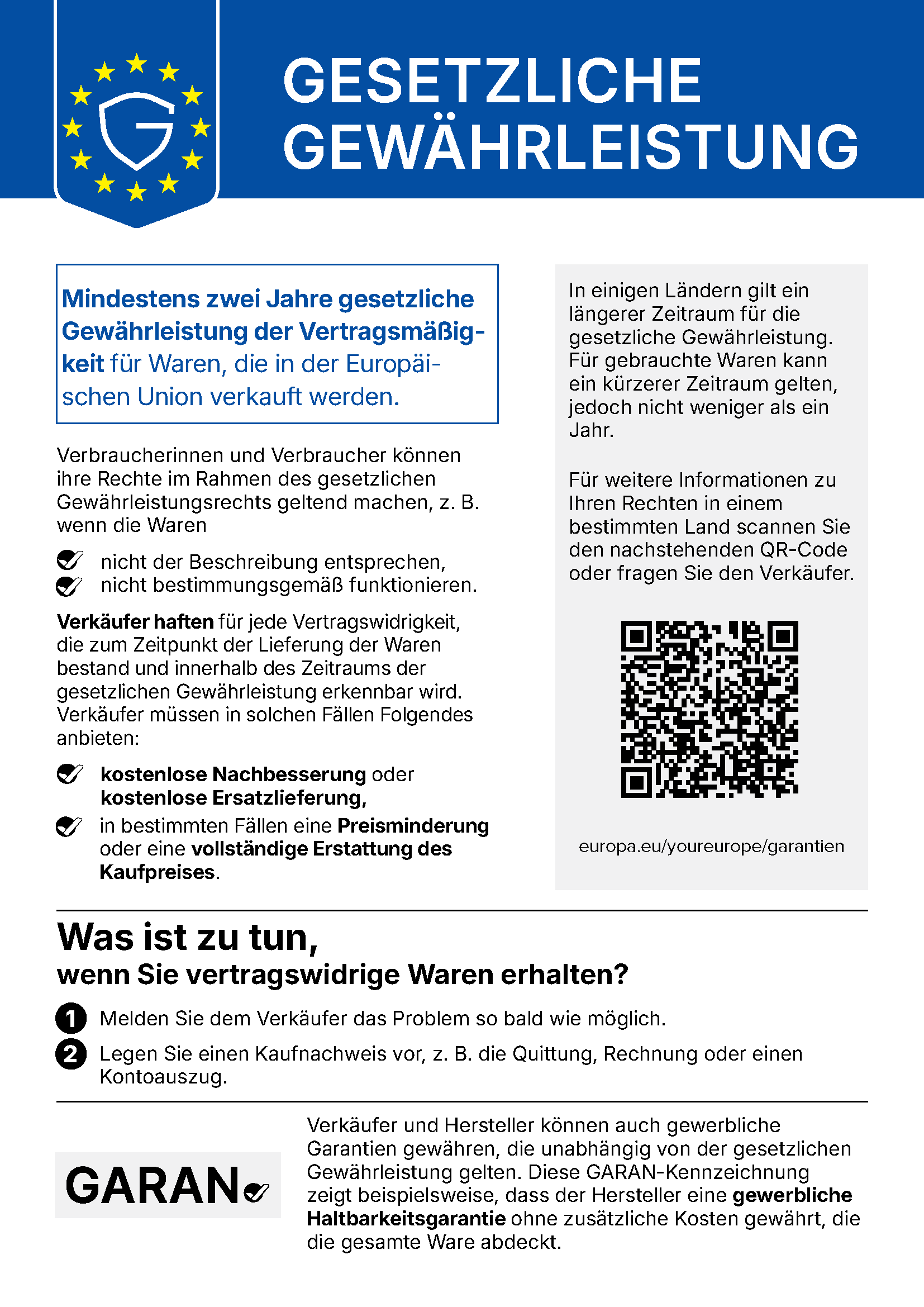 Harmonisierte Mitteilung über das gesetzliche Gewährleistungsrecht: Mindestens zwei Jahre gesetzliche Gewährleistung der Vertragsmäßigkeit für Waren, die in der Europäischen Union verkauft werden.